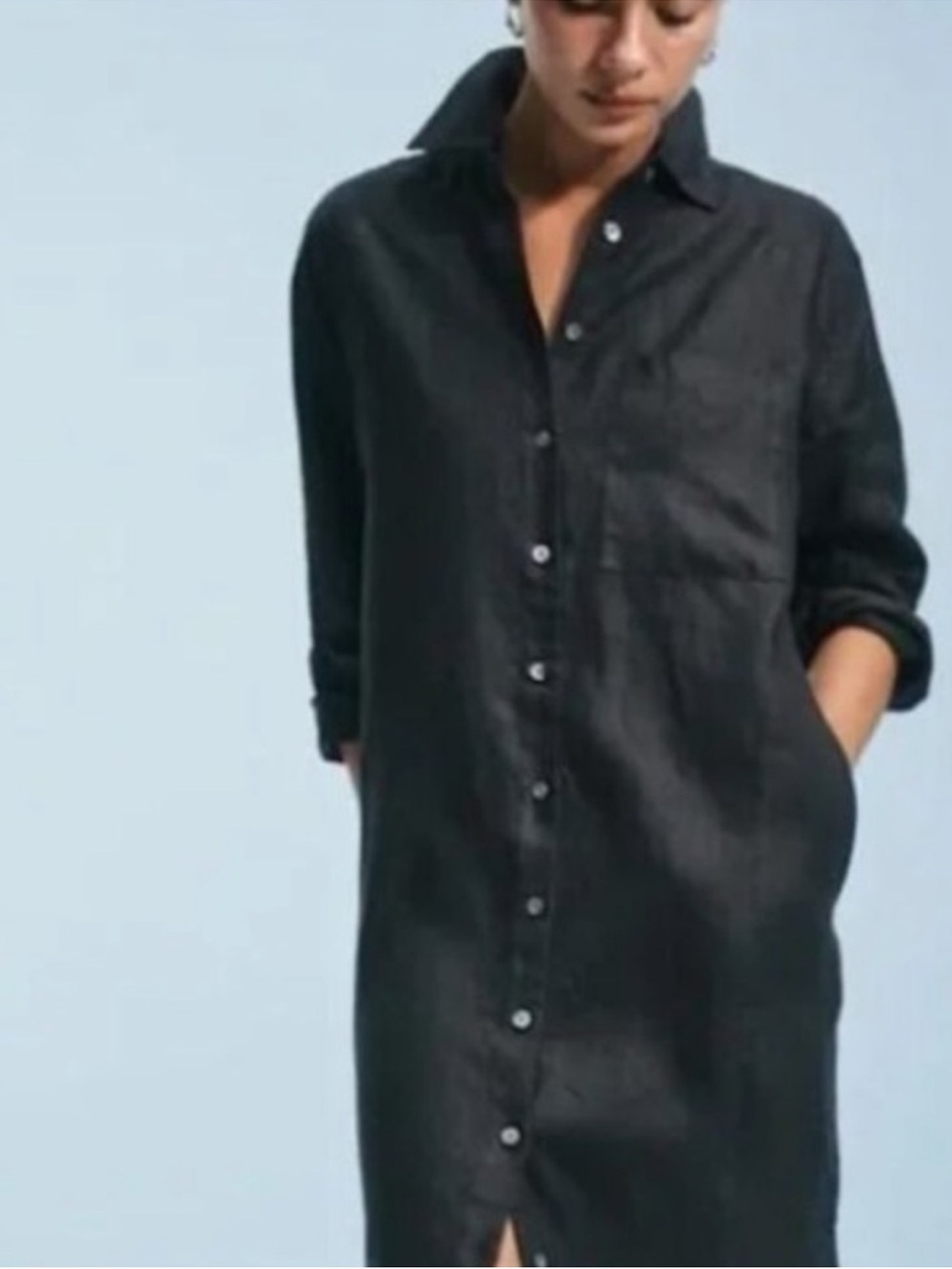 Tahari Black Linen Blend Button Down Shirt Dress Midi long roll up sleeve M